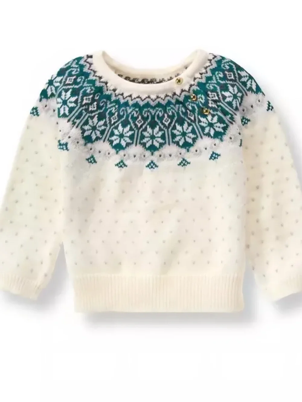 Janie and Jack White Crewneck Sweater with Teal Fair Isle‎ Yoke 2T